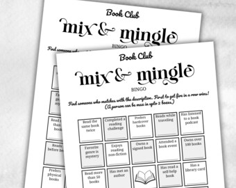 Book Club Mix and mingle bingo, Book club hosting, Bookworm meeting, bookstagram theme party, coversation starters, trivia challenge, themed