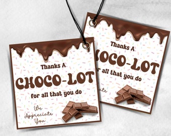 May include: Two brown and white gift tags with a chocolate drip design and sprinkles. The text on the tags reads "Thanks A Choco-Lot for all that you do". One tag also includes the text "We Appreciate You".