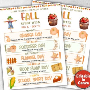 Customizable Fall Autumn School Spirit Week Flyer, PTO Schedule, November Itinerary, Xmas PTA, Editable in Canva, Christmas Newsletter