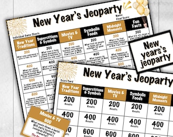 May include: A collection of New Year's Jeopardy game sheets and score cards. The game sheets feature categories like "New Year Traditions" and "Movies & TV." The design includes gold accents and festive graphics, perfect for a New Year's Eve party.