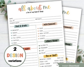Favorites Survey, All about me Printable, Questionnaire, My Favorite Things, Get to Know Me, Teachers Favorite Survey, Appreciation Survey