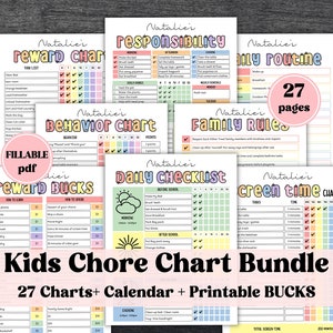 Peut inclure: Un lot de 27 tableaux imprimables colorés pour enfants, comprenant un tableau de récompenses, un tableau de responsabilités, un tableau de comportement, une liste de contrôle quotidienne, des règles familiales, un tableau de temps d'écran et des bons de récompense. Les tableaux sont conçus pour aider les enfants à apprendre la responsabilité et à développer de bonnes habitudes.