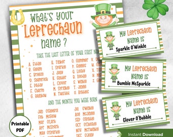 St Patricks Day Games, Leprechaun name tag game, Leprechaun name board sign, Leprechaun name generator,  What's Your Leprechaun  name,