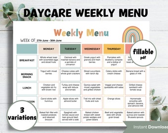 Menu hebdomadaire de la garderie à domicile modifiable | Planificateur de repas hebdomadaire | Menu préscolaire | Planificateur de repas pour l'école à la maison | Modèle de garderie I, menu modifiable