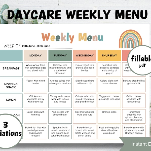 Home Daycare Weekly Menu Editable | Weekly meal planner | Preschool Menu | Home School Meal Planner | Daycare Template I editable menu