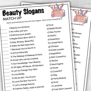 May include: Two white sheets of paper with the title "Beauty Slogans" and a matching game. The game lists slogans and beauty brands. A watercolor illustration of makeup brushes and a cosmetic bag is in the top right corner.