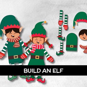 May include: A digital illustration featuring two smiling elves in green outfits with red and white accents. The image includes separate elf components: hats, legs, a torso, a face, and a scarf. The text "BUILD AN ELF" is displayed at the bottom.