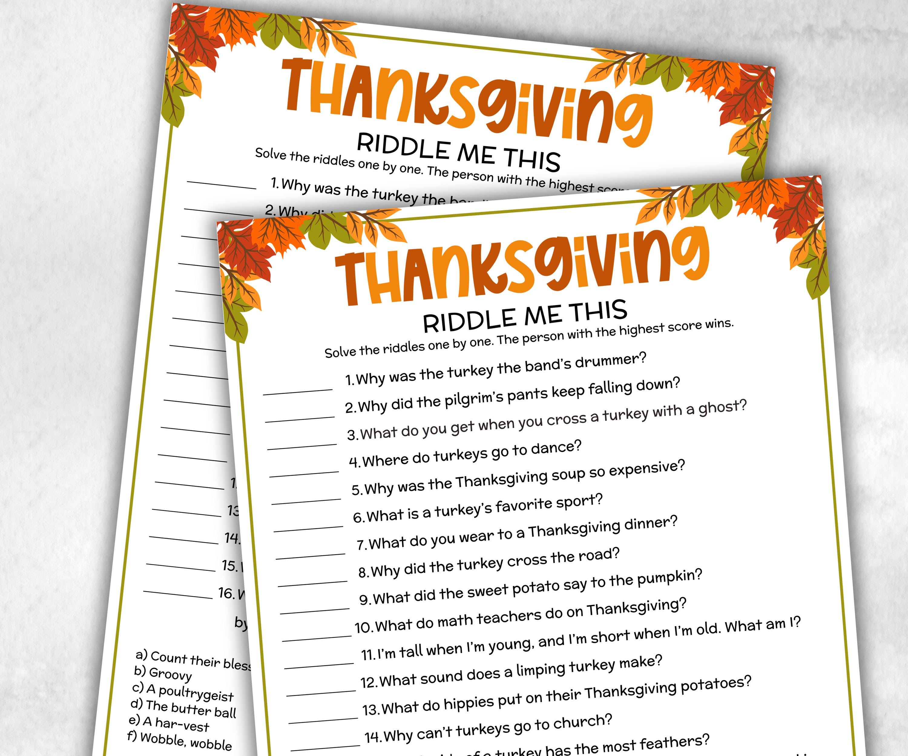 Thanksgiving Riddles Trivia, Printable Activity, Party Game ...