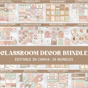 May include: A classroom decor bundle with 26 different sets of printable classroom decor. The decor features a rainbow, peach, and brown color scheme with a variety of classroom-themed graphics. The text "Classroom Decor Bundle" and "Editable in Canva - 26 Bundles" is displayed in a brown rectangle at the center of the image.