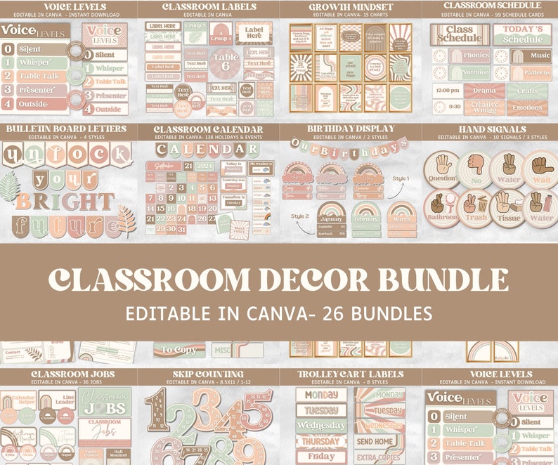 May include: A classroom decor bundle with 26 different sets of printable classroom decor. The decor features a rainbow, peach, and brown color scheme with a variety of classroom-themed graphics. The text "Classroom Decor Bundle" and "Editable in Canva - 26 Bundles" is displayed in a brown rectangle at the center of the image.