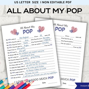 Könnte beinhalten: Ein druckbarer Fragebogen "Alles über meinen Papa" mit zwei Seiten. Die erste Seite zeigt ein blaues und rotes Herzdesign und stellt Fragen zum Vater der Person, wie zum Beispiel seinen Namen, seine Lieblingsfarbe und sein Lieblingsessen. Die zweite Seite ist leer, damit das Kind sie ausfüllen kann.