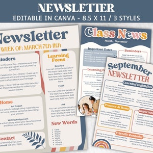 Editable School Newsletter Template, Classroom Newsletter, Teacher Newsletter, Preschool Weekly Newsletter,  Teacher Template, Elementary