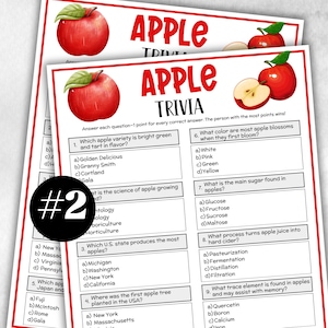 Könnte beinhalten: Zwei Blätter mit Apfel-Quiz-Spielkarten mit roten Rändern und dem Titel "APPLE TRIVIA". Jede Karte enthält Apfelillustrationen und Quizfragen über Äpfel mit Multiple-Choice-Antworten.