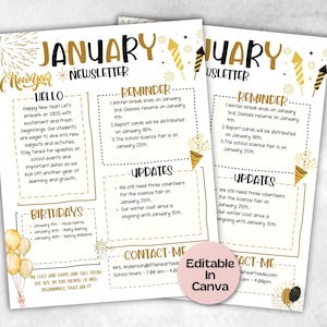 January New Year Classroom Newsletter, Daycare Class Newsletter, Newsletter Template, Canva Template School Newsletter, Parent Communication