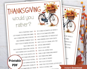 May include: A printable Thanksgiving would you rather game with a fall-themed bicycle illustration. The game features a list of Thanksgiving-themed questions with two options for each question.