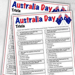 May include: Two printed sheets of Australia Day trivia questions. The title "Australia Day Trivia" is in red and blue. The trivia covers topics like the date of Australia Day and the Australian flag, with multiple-choice answers.