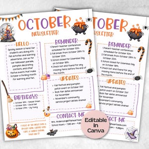 Boletín informativo de Halloween para el aula de octubre, plantilla de Canva para boletín informativo de guardería, boletín escolar, comunicación con los padres, primer día de clases