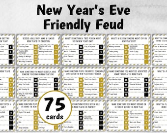 May include: A New Year's Eve Friendly Feud game with 75 cards. The cards have gold and black borders with various New Year's-themed questions and answers. The game's title is in large, bold, black letters.