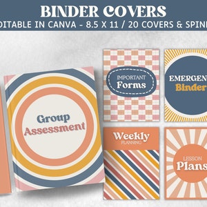 May include: Set of 20 printable binder covers in a retro 70s style with colorful stripes, circles, and sunburst patterns. The covers feature text such as "Group Assessment", "Important Forms", "Emergency Binder", "Weekly Planning", and "Lesson Plans".