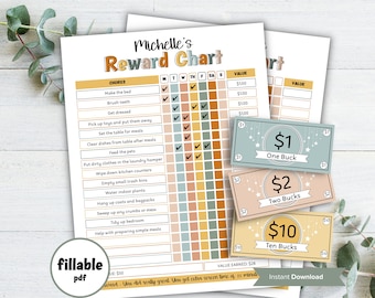 Tabla de recompensas editable para niños, tabla de tareas, tabla de buen comportamiento, tabla para ganar dinero, mom bucks, sistema de recompensas para niños, seguimiento de asignaciones