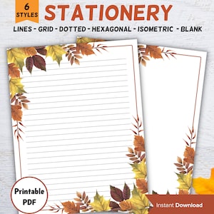 Papelería imprimible estacionaria de otoño, Papelería de escritura de otoño de agente inmobiliario Papel forrado y bloc de letras del diario de gratitud en blanco, Papelería de otoño