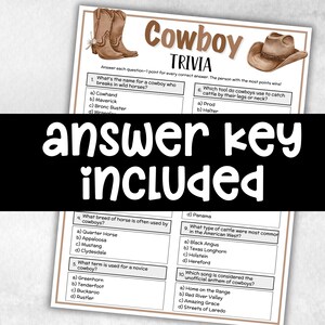 K&ouml;nnte beinhalten: Ein Cowboy-Trivia-Spielblatt mit Illustrationen von Cowboy-Stiefeln und einem Hut. Der Text "Cowboy Trivia" steht oben, mit Fragen und Multiple-Choice-Antworten darunter. Die Worte "Answer Key Included" stehen in gro&szlig;en wei&szlig;en Buchstaben.