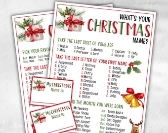 May include: Christmas-themed game sheets with a festive design. The sheets feature a game titled "What's Your Christmas Name?" with various categories to determine a holiday name. Includes gift box illustrations and text like "Take the Last Digit of Your Age."