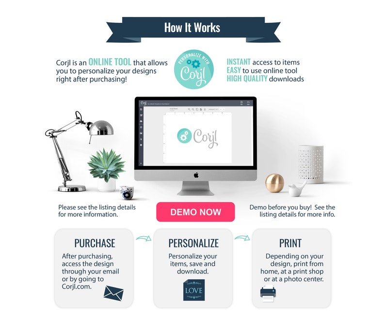 K&ouml;nnte beinhalten: Ein Computerbildschirm zeigt ein Designprogramm mit dem Corjl-Logo. Der Text "How It Works" befindet sich oben im Bild. Der Text "Corjl ist ein ONLINE-TOOL, mit dem Sie Ihre Designs direkt nach dem Kauf personalisieren k&ouml;nnen!" befindet sich unter dem Bild. Der Text "SOFORTIGER Zugriff auf Artikel EINFACH zu bedienendes Online-Tool HOCHWERTIGE Downloads" befindet sich auf der rechten Seite des Bildes. Der Text "DEMO JETZT" befindet sich in einem roten Button unter dem Computerbildschirm. Der Text "Bitte sehen Sie sich die Details der Liste f&uuml;r weitere Informationen an." befindet sich unter dem Computerbildschirm. Der Text "KAUF Nach dem Kauf k&ouml;nnen Sie auf das Design &uuml;ber Ihre E-Mail zugreifen oder auf Corjl.com gehen." befindet sich in einem blauen Kasten auf der linken Seite des Bildes. Der Text "PERSONALISIEREN Personalisieren Sie Ihre Artikel, speichern Sie sie und laden Sie sie herunter." befindet sich in einem blauen Kasten auf der rechten Seite des Bildes. Der Text "DRUCKEN Je nach Design k&ouml;nnen Sie zu Hause, in einem Druckereibetrieb oder in einem Fotocenter drucken." befindet sich in einem blauen Kasten auf der rechten Seite des Bildes.