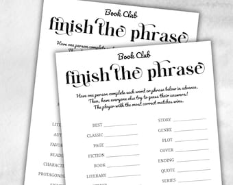 Book Club Finish the Phrase, Book club hosting, Bookworm meeting idea, bookstagram theme party, coversation starter, trivia challenge theme