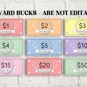 May include: Nine colorful printable reward coupons with a star and string design. The coupons are for 1, 2, 3, 4, 5, 10, 15, 20, and 50 reward bucks.