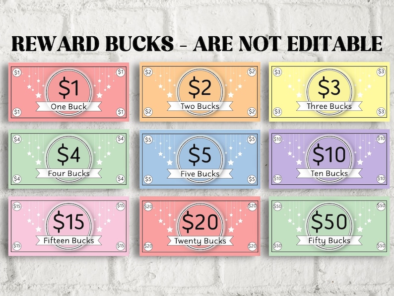 May include: Nine colorful printable reward coupons with a star and string design. The coupons are for 1, 2, 3, 4, 5, 10, 15, 20, and 50 reward bucks.