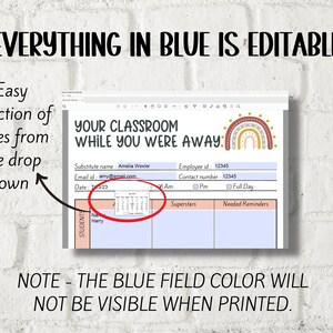 May include: A printable classroom management chart with a rainbow design. The chart includes sections for "Superstars", "Needed Reminders", and a calendar for tracking dates. The text "Your Classroom While You Were Away" is at the top of the chart.