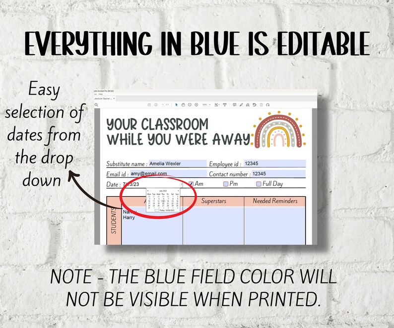 May include: A printable classroom management chart with a rainbow design. The chart includes sections for "Superstars", "Needed Reminders", and a calendar for tracking dates. The text "Your Classroom While You Were Away" is at the top of the chart.