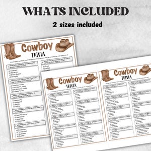 K&ouml;nnte beinhalten: Zwei Cowboy Trivia-Spielb&ouml;gen mit einer braunen Cowboy-Stiefel- und Hutgrafik. Der Text "Cowboy Trivia" wird in brauner Schrift angezeigt. Der obere Teil des Bildes lautet "WHATS INCLUDED" und "2 Gr&ouml;&szlig;en enthalten".