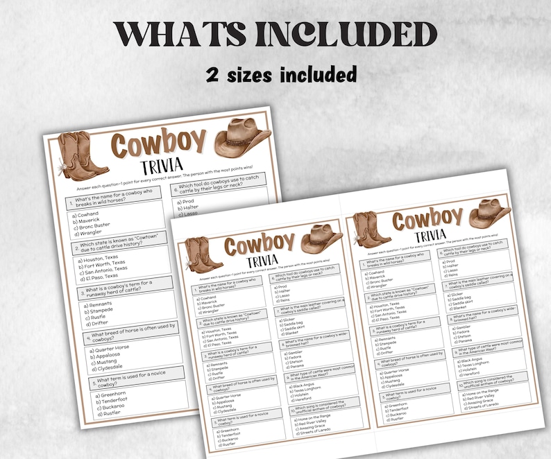 K&ouml;nnte beinhalten: Zwei Cowboy Trivia-Spielb&ouml;gen mit einer braunen Cowboy-Stiefel- und Hutgrafik. Der Text "Cowboy Trivia" wird in brauner Schrift angezeigt. Der obere Teil des Bildes lautet "WHATS INCLUDED" und "2 Gr&ouml;&szlig;en enthalten".