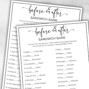Vor und nach dem Familien-Sandwich-Spiel, füllen Sie das leere Wort Quiz aus, druckbare Trivia Puzzle, Kinder, Jugendliche, Erwachsene, Büro-Partyspiel, Braut
