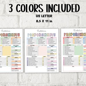 May include: Three printable chore charts for kids with the title "Natalie's Responsibility". Each chart is color-coded with pink, blue, and yellow, and features a checklist of daily, weekly, and monthly tasks. The charts are designed for US Letter size paper, measuring 8.5 x 11 inches.
