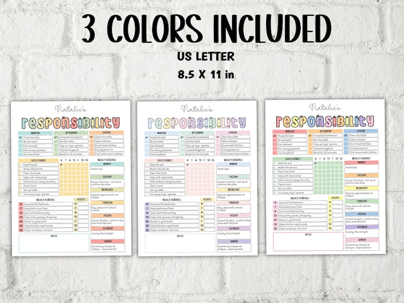 May include: Three printable chore charts for kids with the title "Natalie's Responsibility". Each chart is color-coded with pink, blue, and yellow, and features a checklist of daily, weekly, and monthly tasks. The charts are designed for US Letter size paper, measuring 8.5 x 11 inches.