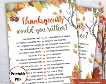 May include: Printable Thanksgiving would you rather game with a watercolor background of fall leaves. The game features a list of Thanksgiving-themed questions with two options for each question.
