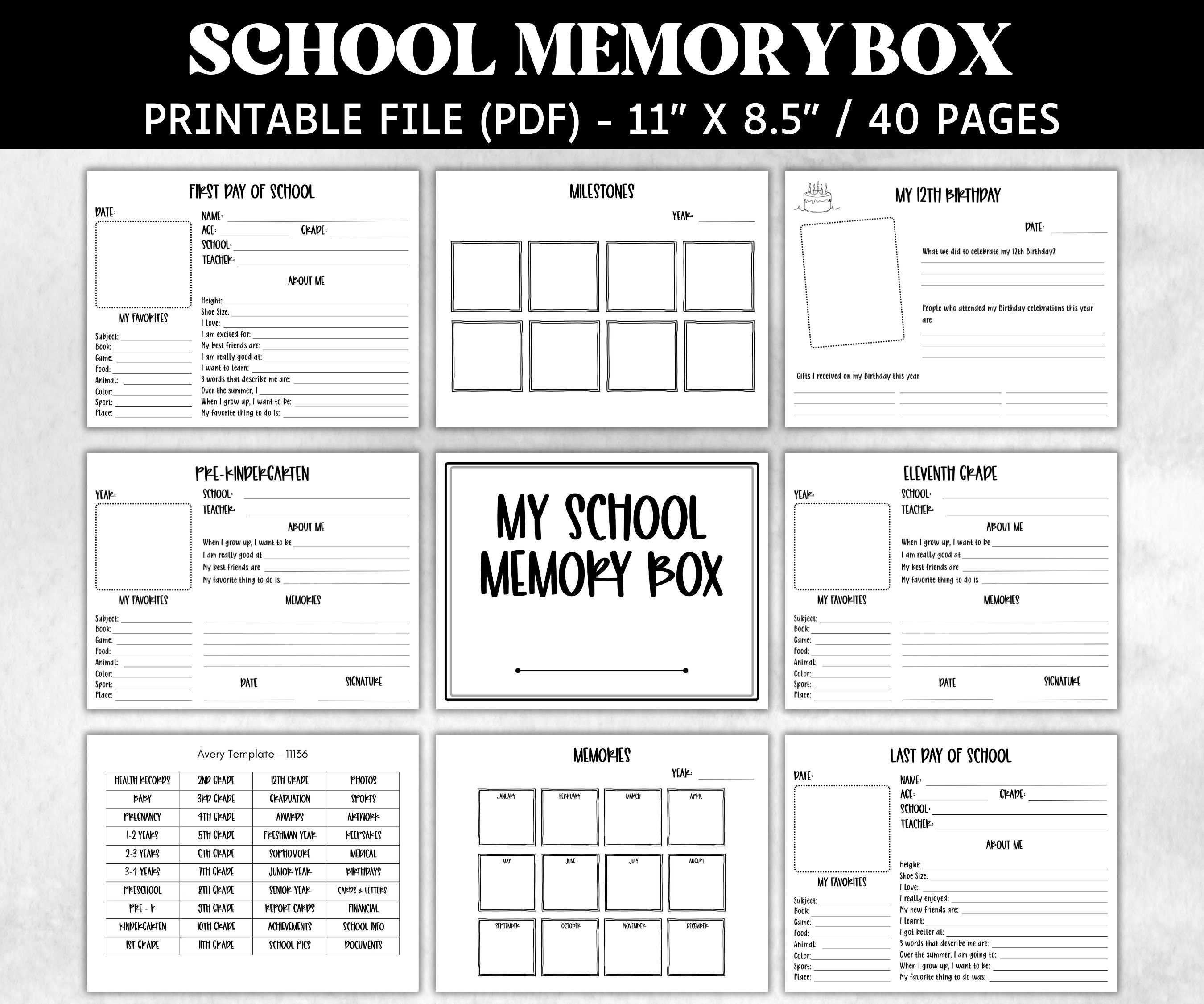 School Keepsake Memory Box, Baby Memory Box Kit, Memory Book, Memory Journal, Keepsake Journal, Printable File Folder Labels, Baby Milestone