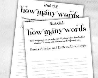 Book Club How many words, Book club hosting, Bookworm meeting, bookstagram theme party, coversation starters, trivia challenge, themed
