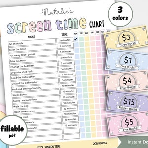 Screen Time Tracker | Limit Screen Time | Screen Time Chore Chart | Earn Screen Time | For Kids | Summer Checklist | School Routine
