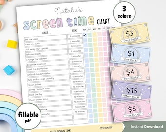 Screen Time Tracker | Limit Screen Time | Screen Time Chore Chart | Earn Screen Time | For Kids | Summer Checklist | School Routine