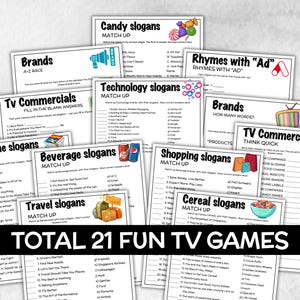 May include: A collection of 21 fun TV games printed on white cards. The games cover various topics, including brands, TV commercials, and slogans. The cards are arranged on a white surface.