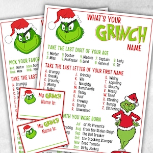 Peut inclure: Ensemble de jeux de fête imprimables sur le thème du Grinch. Le design présente le Grinch avec un bonnet de Père Noël, avec le texte "What's Your Grinch Name ?" et les instructions du jeu. La palette de couleurs est rouge, vert et blanc.