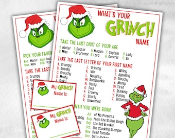 Grinch name tag, Grinch name board sign, name generator, Christmas Kids activities, Holiday party games, Whats Your Grinch name, Grinchmas