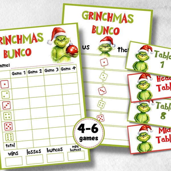 Fiesta Bunco de Grinchmas, Noche Bunco de Grinchmas, Hoja de puntuación Bunco de Grinchmas imprimible, Juego Bunco, Hoja de recuento, tarjetas de puntuación Bunco, alegre