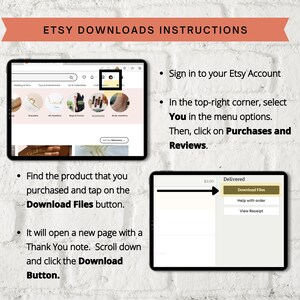 May include: A screenshot of a computer screen showing instructions on how to download digital files purchased on Etsy. The instructions include signing into your Etsy account, selecting "You" in the menu options, clicking on "Purchases and Reviews", finding the product you purchased, tapping on the "Download Files" button, and clicking the "Download" button.