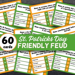 Könnte beinhalten: St. Patrick's Day Friendly Feud Kartenspiel mit 60 Karten. Die Karten enthalten Fragen wie "Nennen Sie etwas, das Sie mit St. Patrick's Day verbinden" und "Nennen Sie etwas, das ein Leprechaun tun könnte."