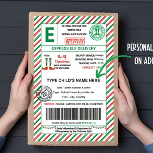 Etiquetas de regalo de Navidad / Plantilla de etiqueta de envío de elfo editable 5.5X8.5 / Correo de elfo / Travesuras de elfo / Etiqueta de correo de trineo / Llegada de elfo I editable